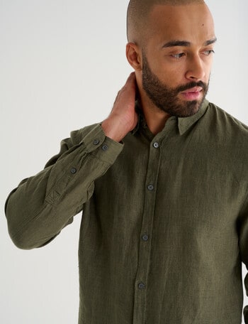 Gasoline Long Sleeve Linen Shirt, Khaki product photo