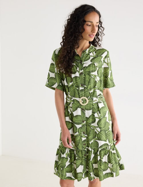 Zest Linen Blend Gathered Dress, Leaf Print product photo