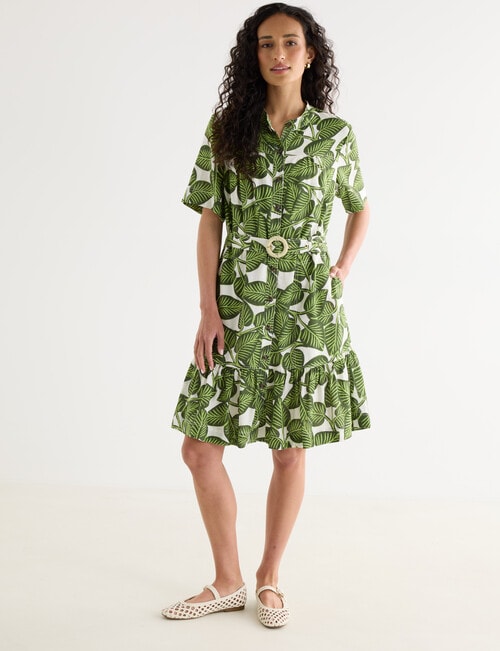 Zest Linen Blend Gathered Dress, Leaf Print product photo View 03 L