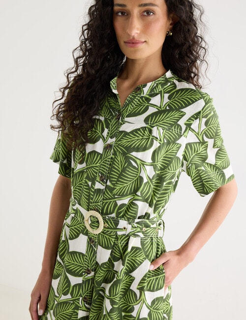 Zest Linen Blend Gathered Dress, Leaf Print product photo View 04 L