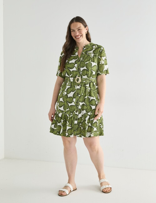 Zest Linen Blend Gathered Dress, Leaf Print product photo View 13 L
