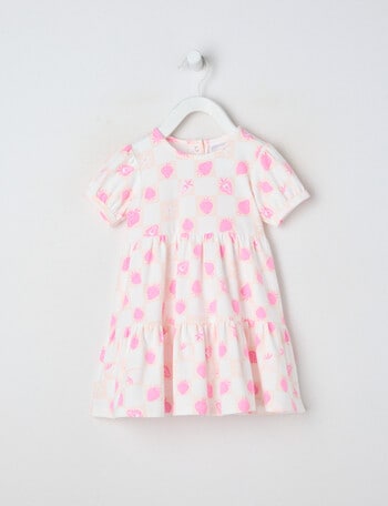Teeny Weeny Strawberry Fields Tiered Dress, White & Pink product photo