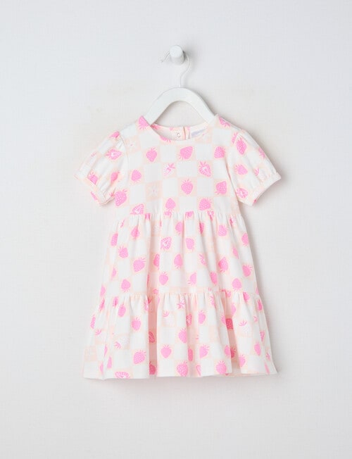 Teeny Weeny Strawberry Fields Tiered Dress, White & Pink product photo