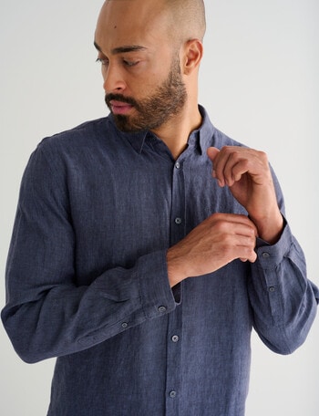 Gasoline Long Sleeve Linen Shirt, Navy product photo
