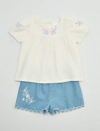 Teeny Weeny Strawberry Fields Woven Top & Chambray Short Set, 2-Piece, White & Chambray product photo