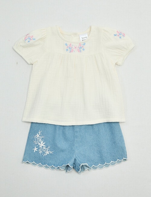Teeny Weeny Strawberry Fields Woven Top & Chambray Short Set, 2-Piece, White & Chambray product photo