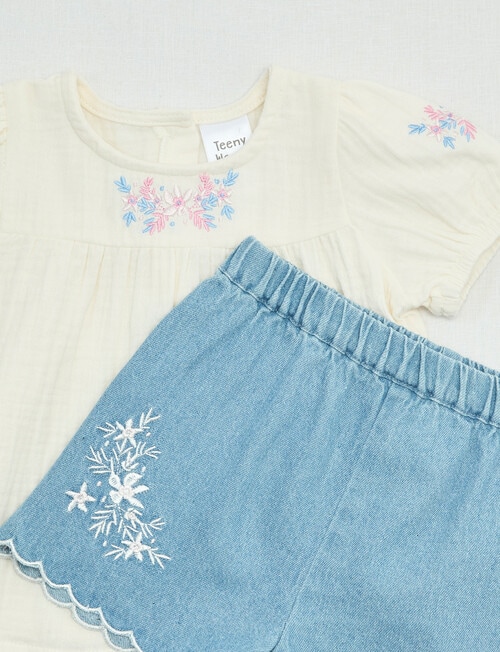 Teeny Weeny Strawberry Fields Woven Top & Chambray Short Set, 2-Piece, White & Chambray product photo View 02 L