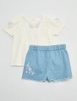 Teeny Weeny Strawberry Fields Woven Top & Chambray Short Set, 2-Piece, White & Chambray product photo View 04 S