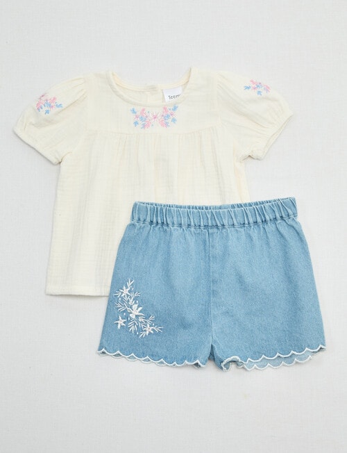 Teeny Weeny Strawberry Fields Woven Top & Chambray Short Set, 2-Piece, White & Chambray product photo View 04 L