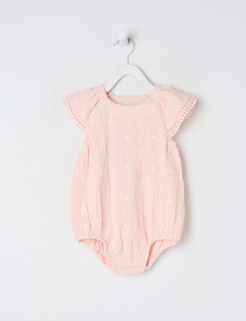 Teeny Weeny Strawberry Field Muslin Frilled Romper, Pink product photo