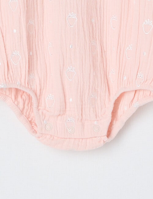 Teeny Weeny Strawberry Field Muslin Frilled Romper, Pink product photo View 02 L
