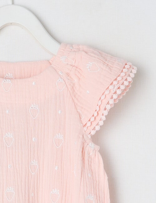 Teeny Weeny Strawberry Field Muslin Frilled Romper, Pink product photo View 03 L