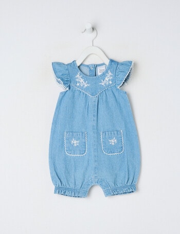 Teeny Weeny Strawberry Field Chambray Romper, Blue product photo