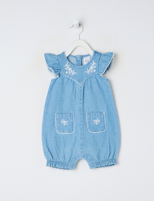 Teeny Weeny Strawberry Field Chambray Romper, Blue product photo