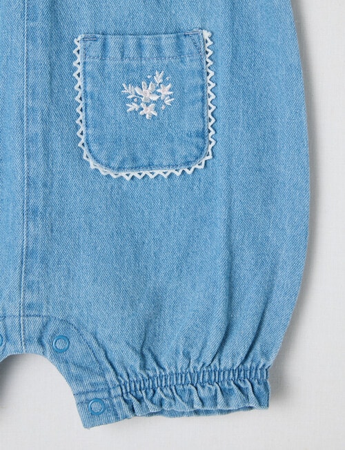 Teeny Weeny Strawberry Field Chambray Romper, Blue product photo View 02 L