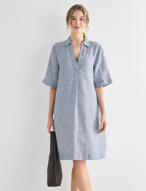 Zest Essential Linen Collared Dress, Navy Stripe product photo