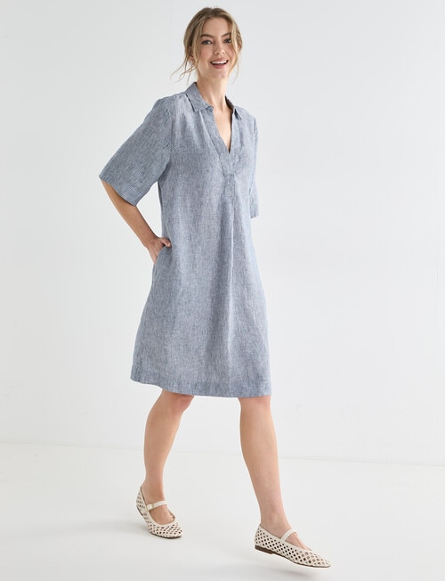 Zest Essential Linen Collared Dress, Navy Stripe product photo View 03 L