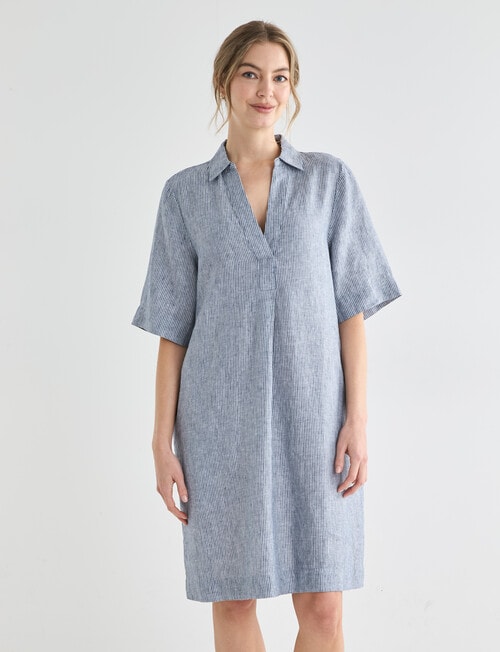 Zest Essential Linen Collared Dress, Navy Stripe product photo View 04 L