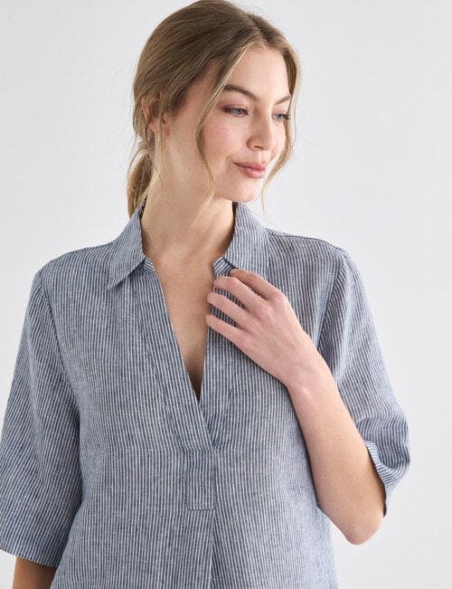 Zest Essential Linen Collared Dress, Navy Stripe product photo View 05 L
