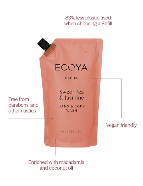 Ecoya Hand & Body Wash Refill, Sweet Pea & Jasmine, 1L product photo View 02 L