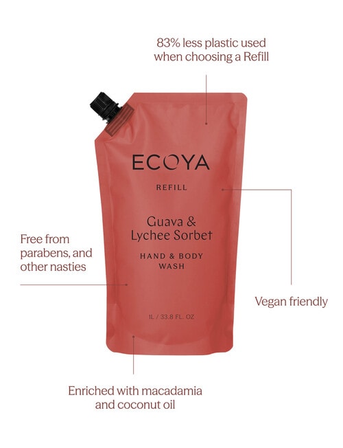 Ecoya Hand & Body Wash Refill, Guava & Lychee Sorbet, 1L product photo View 02 L