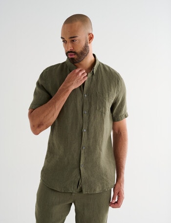 Gasoline Short Sleeve Linen Shirt, Khaki product photo