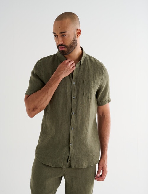 Gasoline Short Sleeve Linen Shirt, Khaki product photo