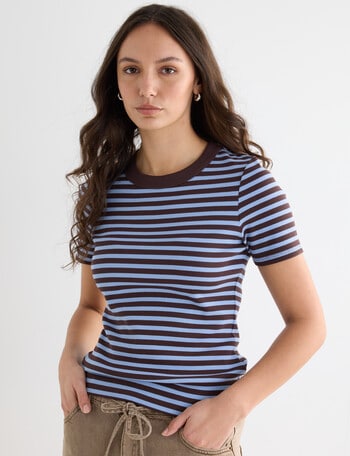 Mineral Hazel Rib Short Sleeve Tee, Chocolate Blue Stripe product photo