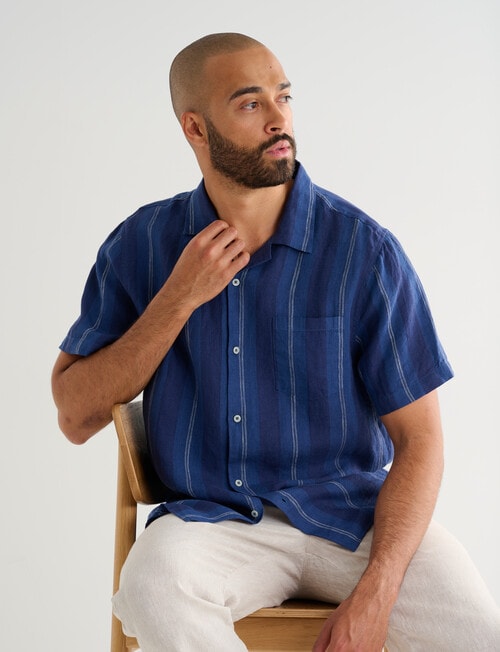 Gasoline Short Sleeve Linen Shirt, Navy Stripe product photo