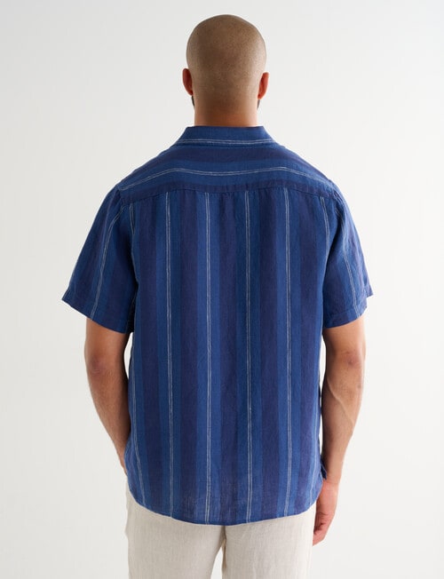 Gasoline Short Sleeve Linen Shirt, Navy Stripe product photo View 02 L