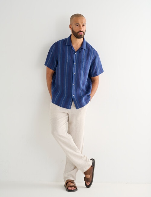 Gasoline Short Sleeve Linen Shirt, Navy Stripe product photo View 03 L