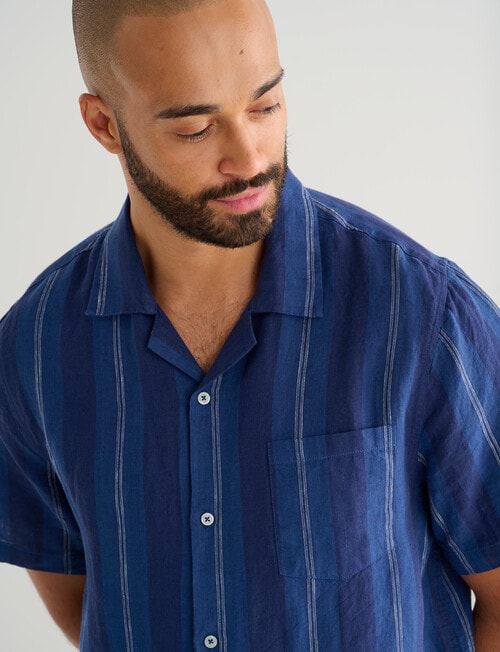 Gasoline Short Sleeve Linen Shirt, Navy Stripe product photo View 04 L