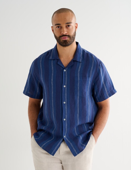 Gasoline Short Sleeve Linen Shirt, Navy Stripe product photo View 05 L