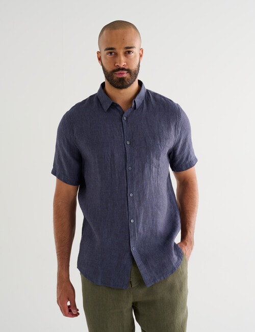 Gasoline Short Sleeve Linen Shirt, Navy product photo