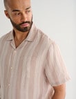 Gasoline Short Sleeve Linen Shirt, Beige Stripe product photo