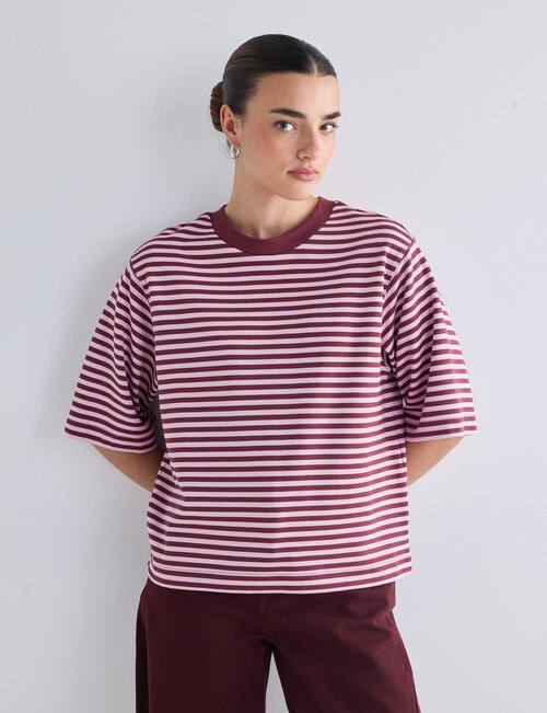Mineral Boxy Crop Short Sleeve Tee, Mahogany Stripe product photo View 04 L