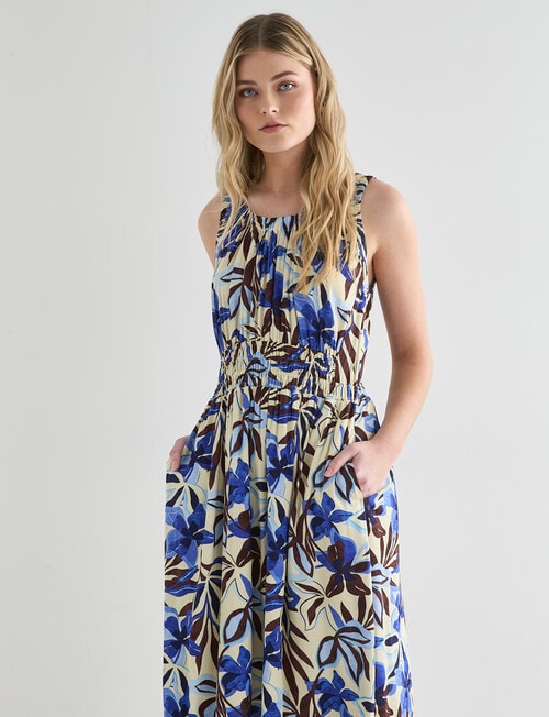 Zest Elastic Waist Midi Dress, Blue Floral product photo View 04 L