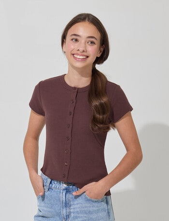 Switch Gia Button Front Short Sleeve Rib Tee, Chocolate product photo