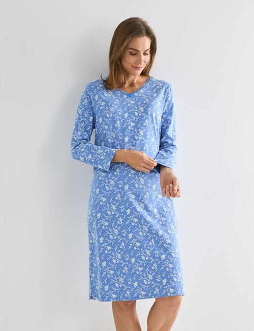 Ruby & Bloom Cotton 3/4 Sleeve Nightie, Blue Print product photo