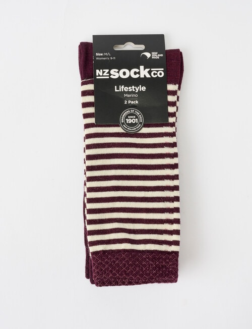 NZ Sock Co. Merino Crew Sock, 2-Pack, Burgundy Stripe product photo View 02 L