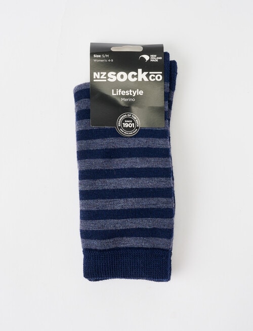 NZ Sock Co. Merino Cushion Crew Sock, Navy & Thundercloud Stripe product photo View 02 L