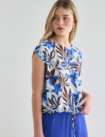 Zest Linen Blend Draw Hem Top, Blue Floral product photo