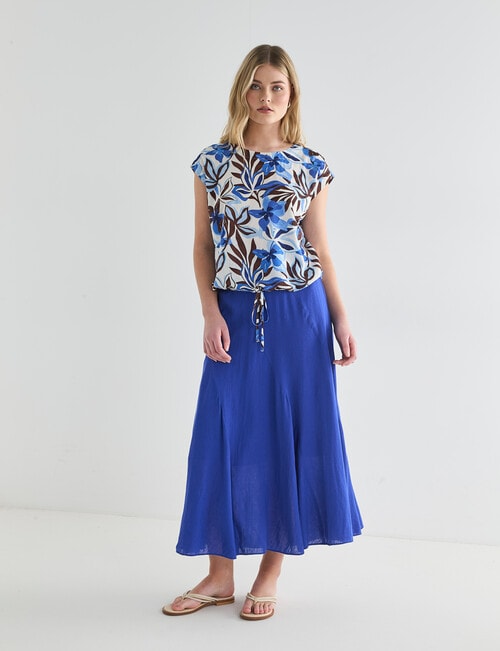 Zest Linen Blend Draw Hem Top, Blue Floral product photo View 03 L