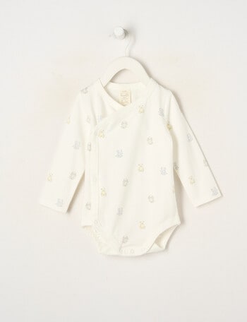Little Bundle Essential Stretch Cotton Long Sleeve Wrap Bodysuit, Teddy product photo