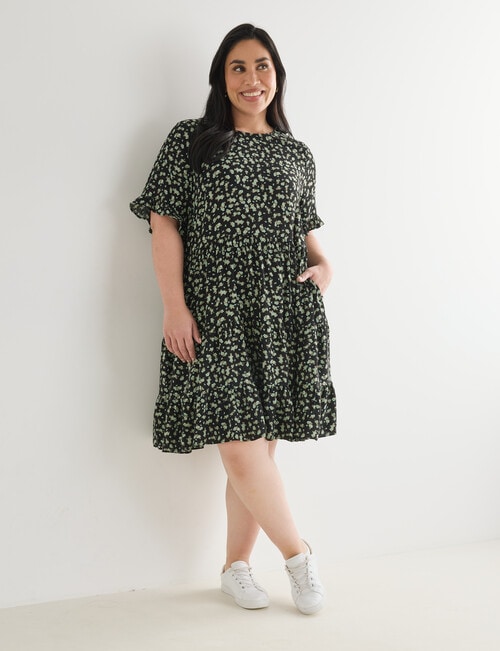 Studio Curve Ditsy Button Back Knee Length Dress, Black & Green product photo View 03 L