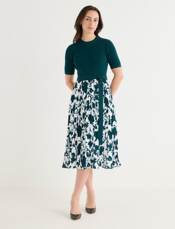 Oliver Black Short Sleeve Pleated Dress, Deep Teal product photo