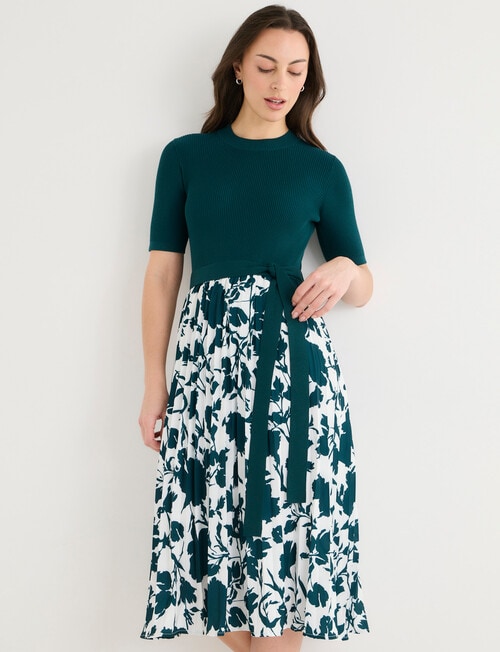 Oliver Black Short Sleeve Pleated Dress, Deep Teal product photo View 03 L