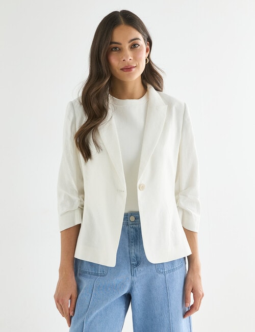 Whistle Ruched Sleeve Linen Blend Jacket, Ivory product photo