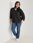 Studio Curve Linen Viscose V-neck 3/4 Sleeve Top, Black product photo View 03 S