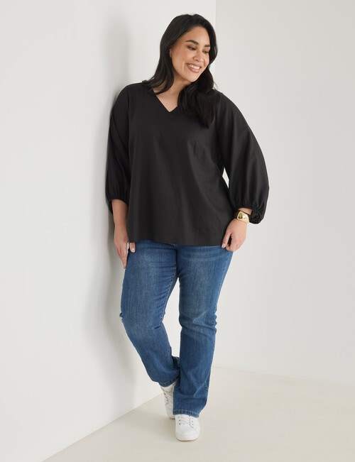 Studio Curve Linen Viscose V-neck 3/4 Sleeve Top, Black product photo View 03 L